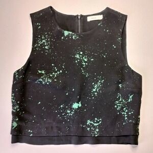 A.L.C. Silk Paint Splatter Crop Top Womens 4 Black Green Sleeveless Layered Hem